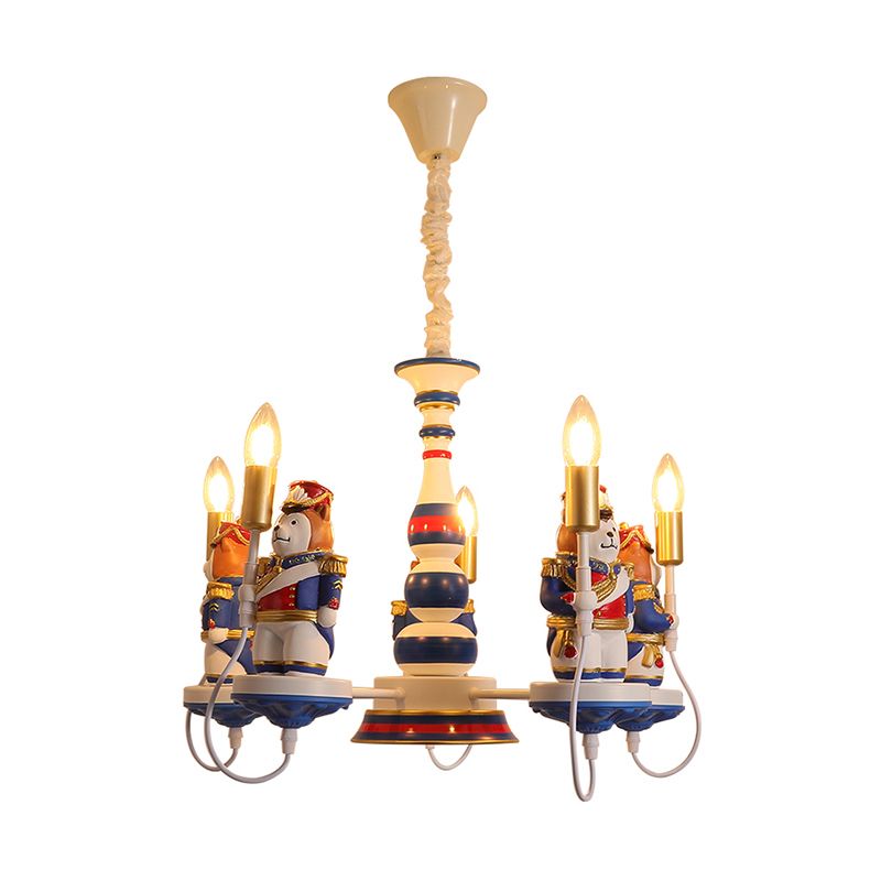 Cartoon Bear Soldier Suspension Light Resin Kindergarten Chandelier Lighting in Blue