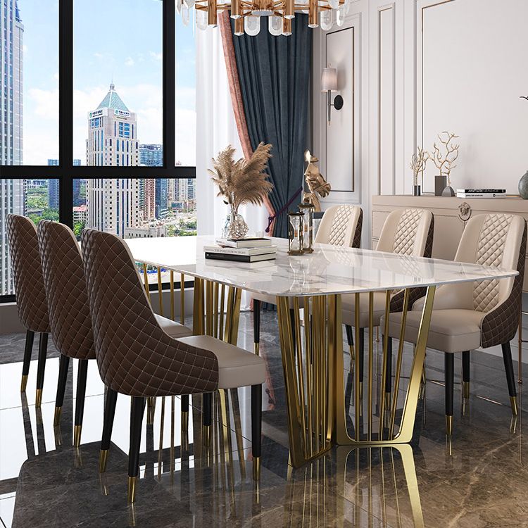 Traditional Luxury Stone Table Rectangle Dining Table with Stainless Steel Double Pedestal