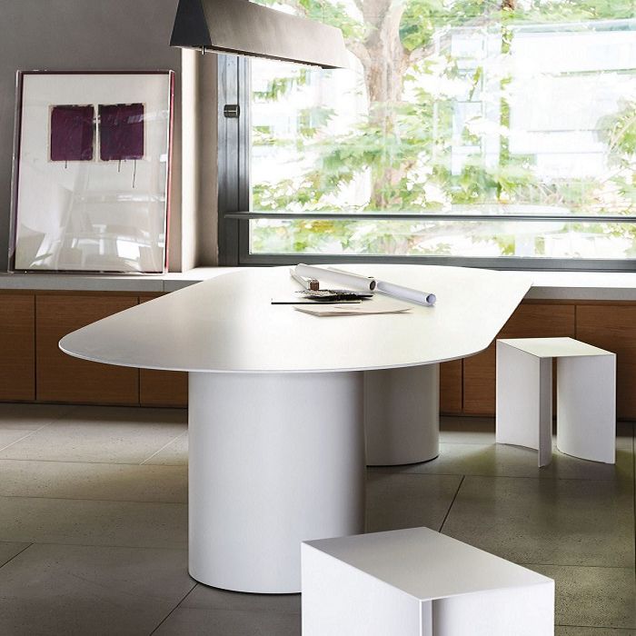 Mesa de comedor de madera maciza de estilo contemporáneo con base de doble pedestal