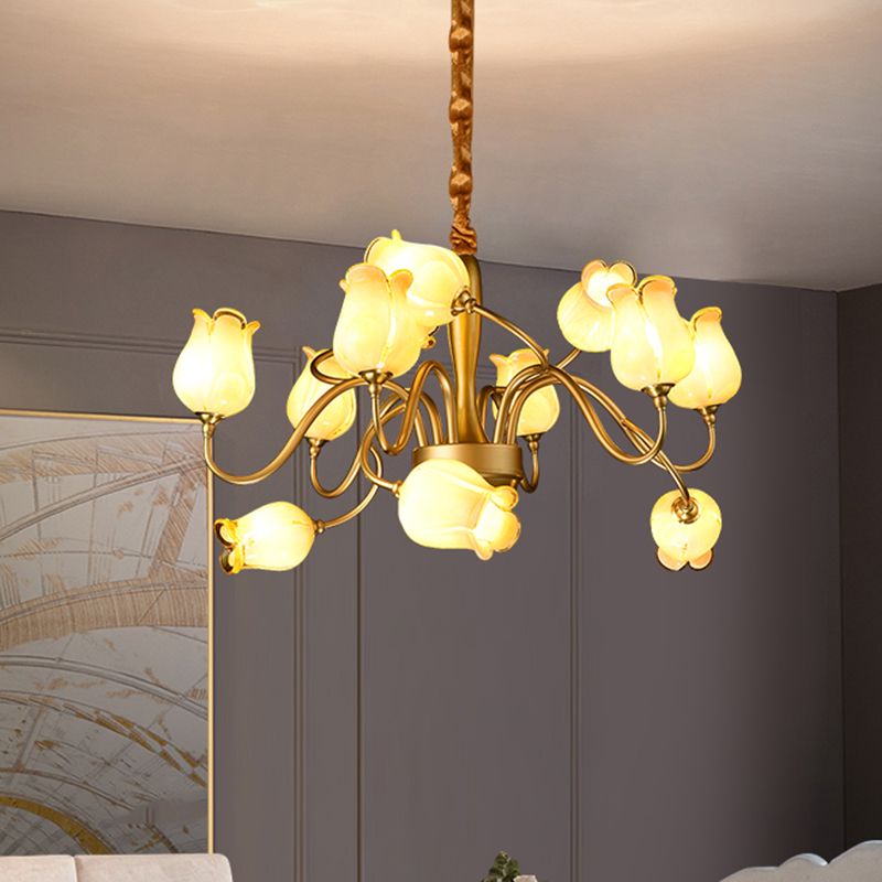 12 Lights Ceiling Chandelier Countryside Flower Beige Glass Hanging Light Fixture in Gold