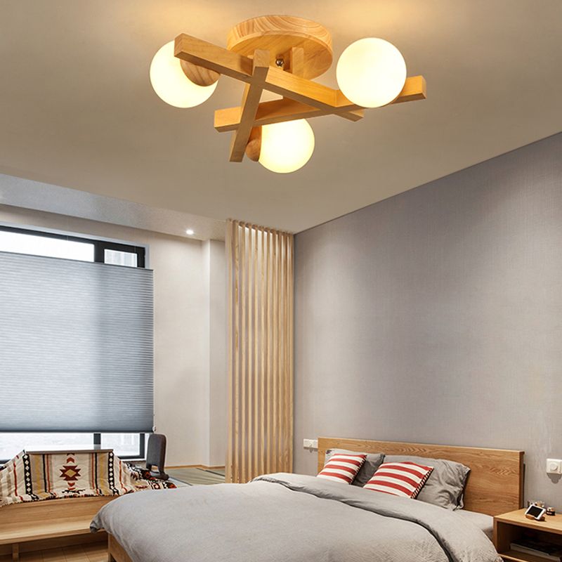 Luminaire semi-encastré en bois moderne, lampe semi-encastrée à plusieurs têtes pour chambre à coucher avec abat-jour en verre globe