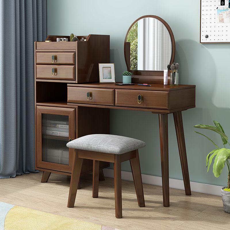 Rubberwood Vanity Set with Stool and Mirror Scandinavian 4 Drawers Dresser