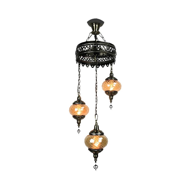 3/5/7 Bulbs Coffee House Hanging Chandelier Retro Bronze Ceiling Pendant Light with Spherical Colorful Glass Shade