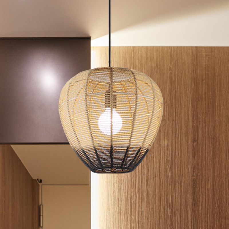 1 Light Tea Room Suspension Light Modern Wood and Black Ceiling Hang Fixture with Waterdrop Rattan Shade