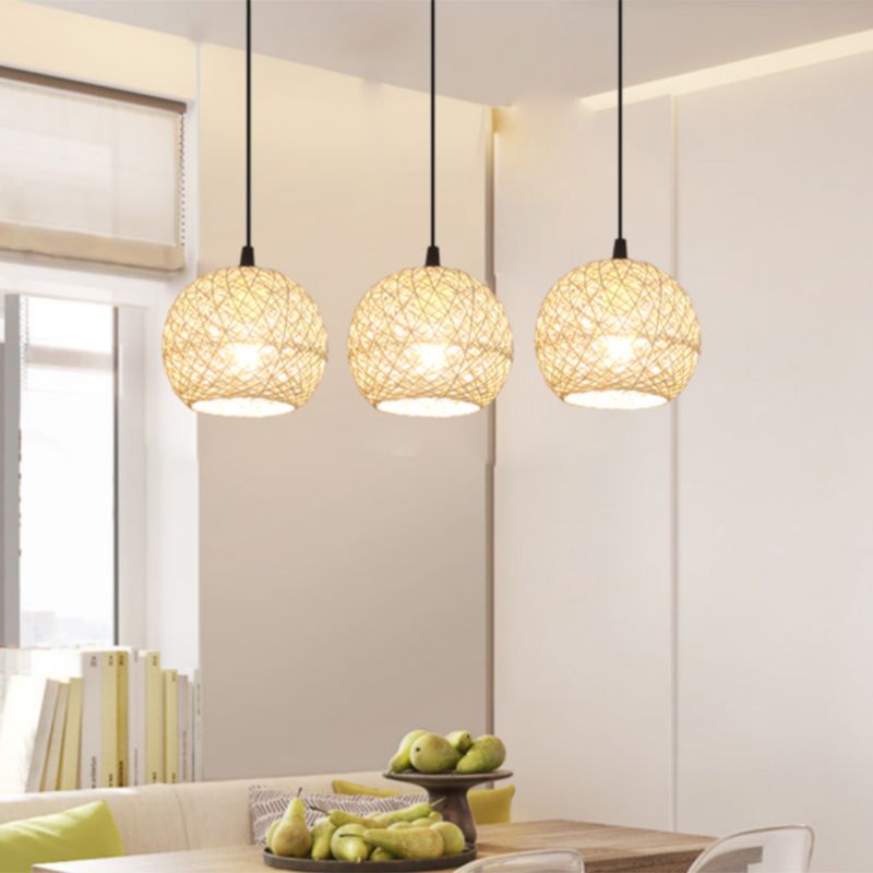 Beige Globe Pendant Lamp Fixture Minimalist Rattan Suspension Light for Dining Room