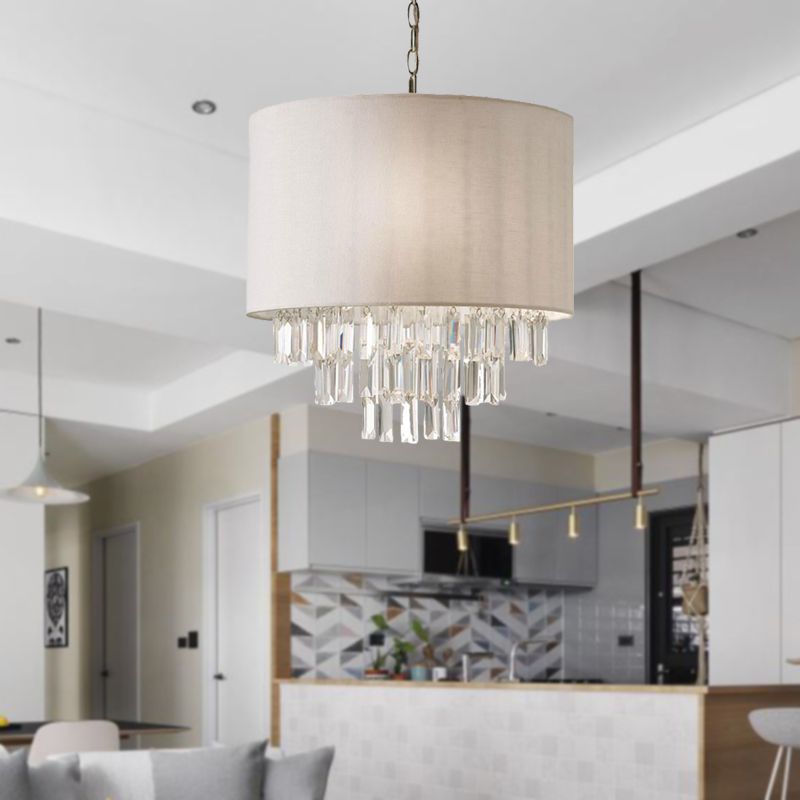 Rectangular-Cut Crystal Drum Hanging Chandelier Modern 3/4 Lights Beige Ceiling Lamp with Fabric Shade