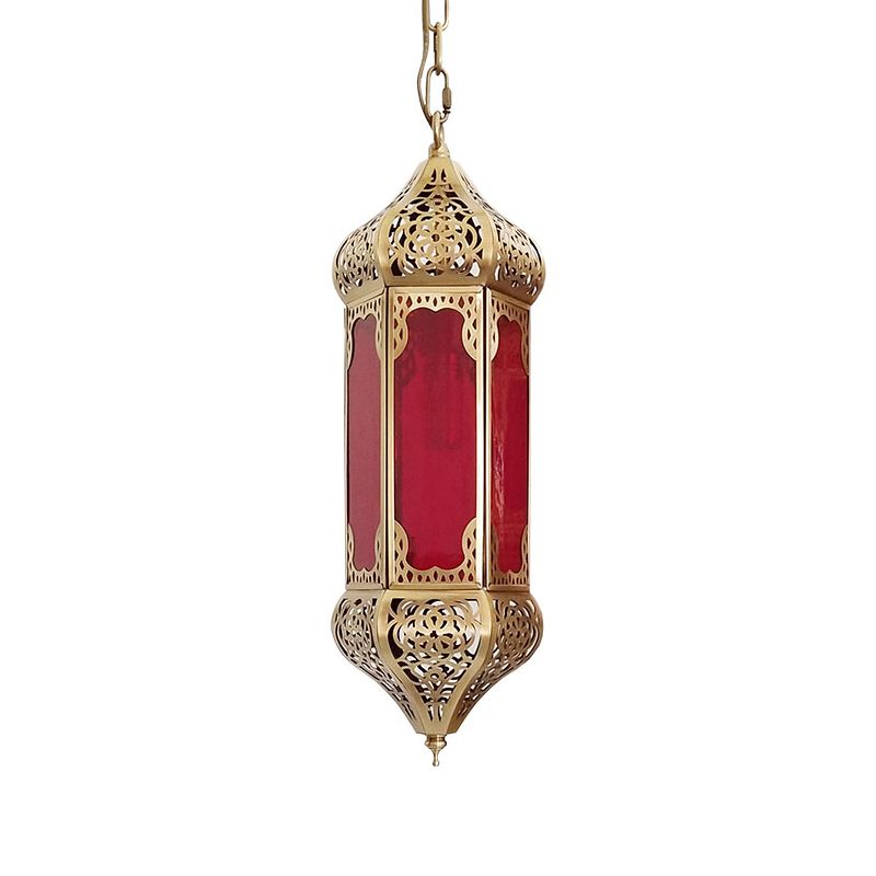 Arab Lantern Hanging Light 1 Bulb Red Glass Pendant Lighting Fixture with Hollow Pattern