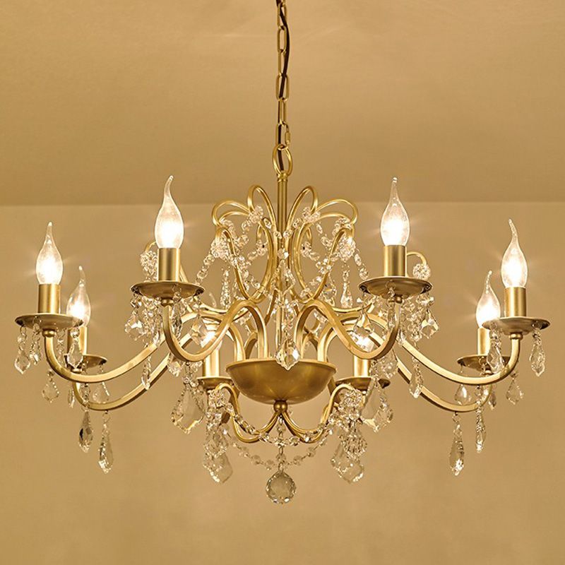 Traditional Curved Arm Down Lighting Pendant Crystal Chandelier Lighting in Gold