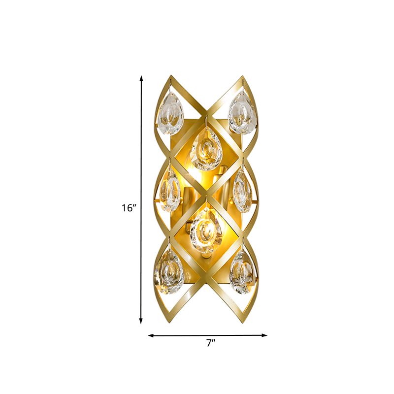 Criss-Cross Bedside Wall Light Fixture Mid Century Crystal 2 Heads Gold Wall Mount Lamp