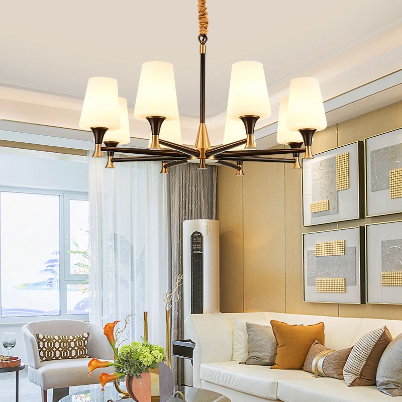 Conical White Glass Chandelier Light Traditional Bedroom Ceiling Suspension Lamp in Black