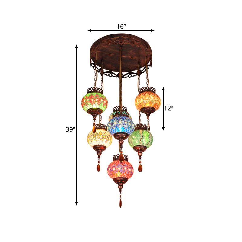 Global Cut Glass Hanging Light Bohemian 7-Head Kitchen Chandelier Lighting Fixture in Copper