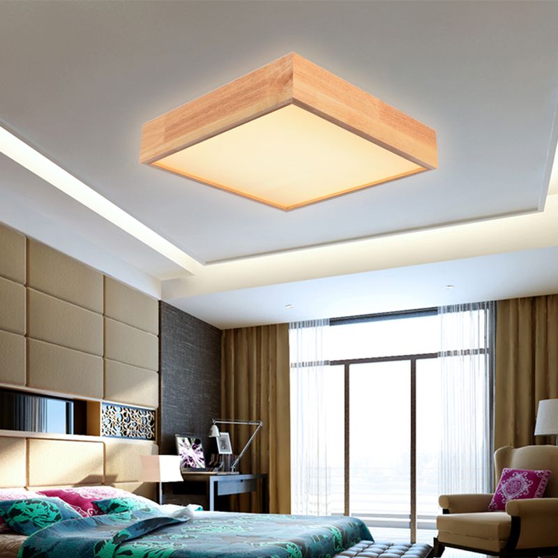 Wooden Square LED Ceiling Light Fixture Contemporary 11"/15"/19" Wide 1-Light Flush Mount Lamp in Warm/White Light
