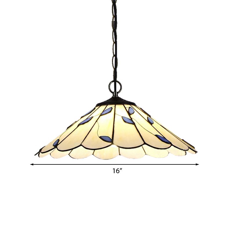 Flared Pendant Lighting 1 Bulb Beige Stained Glass Tiffany-Style Hanging Ceiling Light with Leaf Pattern