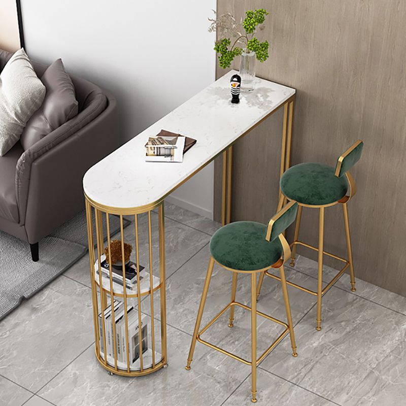 Glam Faux Marble Bistro Table Indoor Iron Double Pedestal Bar Dining Table with 2-Shelf