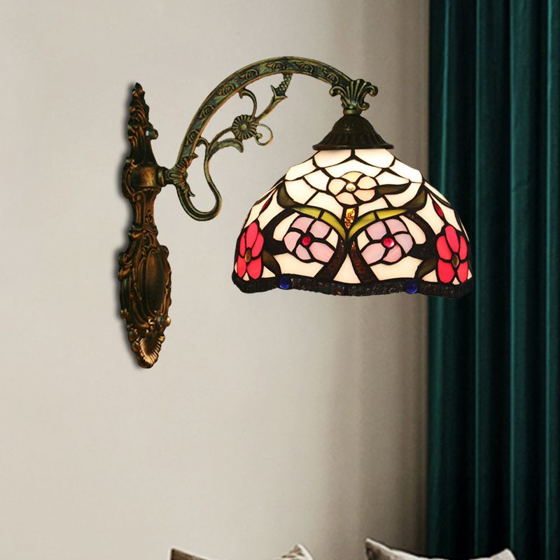 Bronze 1-Light Wall Lighting Fixture Tiffany Cut Glass Peony Pattern Bowl Wall Mount Light