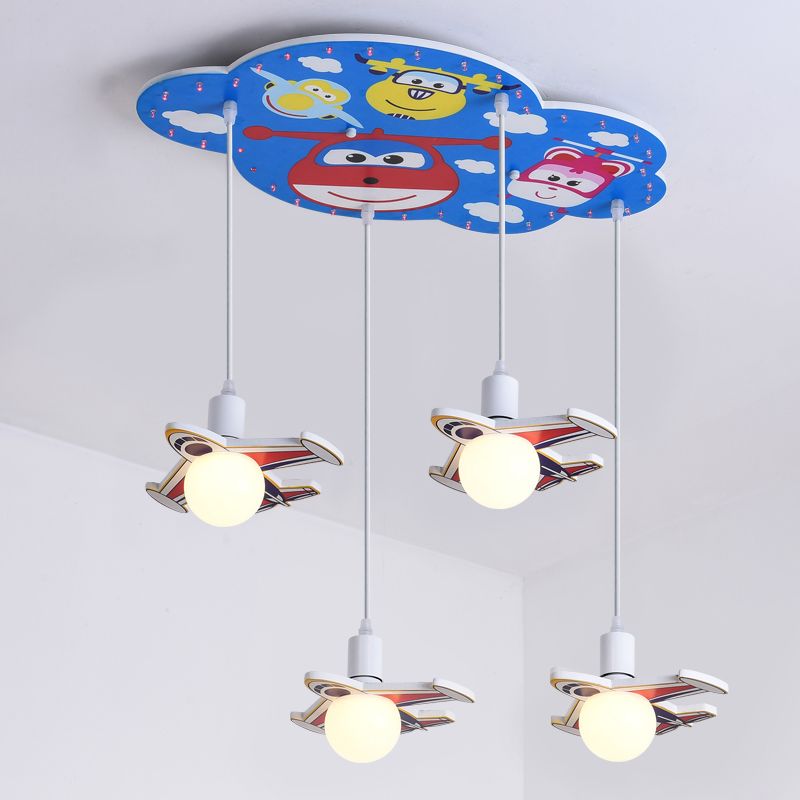 Blue Finish -Flugzeugform Mehrdecke Leichte Cartoon 4 Köpfe Holzhängerlampe Kit