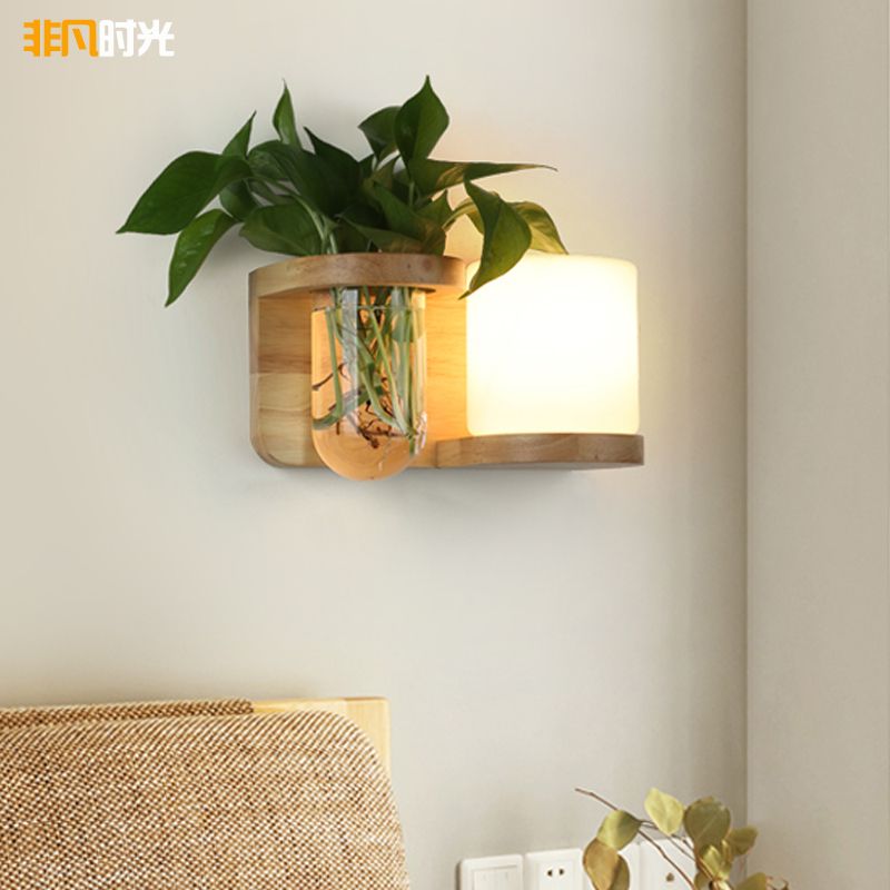 Cream Glass Cube Sconce Lamp Art Deco 1-Bulb Wood Wall Mount Light with Hydroponic Plant Pot
