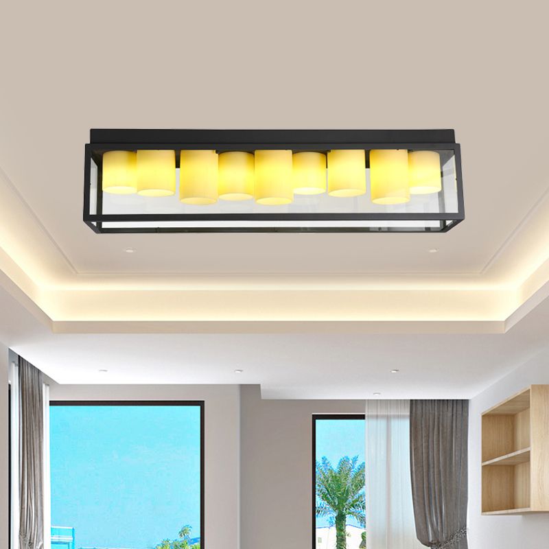 Country Rectangle Flush Light Fixture 9 Bulbs Clear Glass Ceiling Lighting with Inner Beige Marble Shade