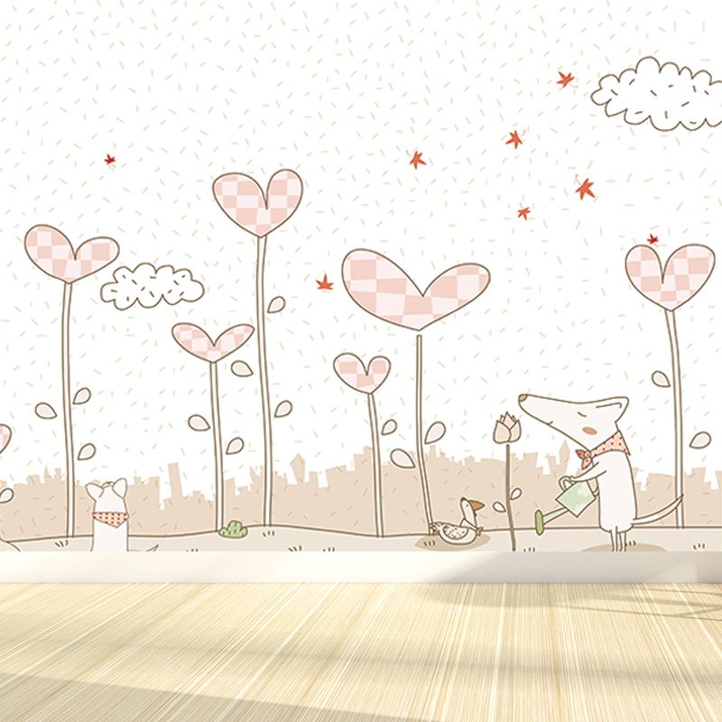 Pink Cartoon Wall Covering Mural Whole Heart-Shaped Plant Wall Art for Kids Bedroom