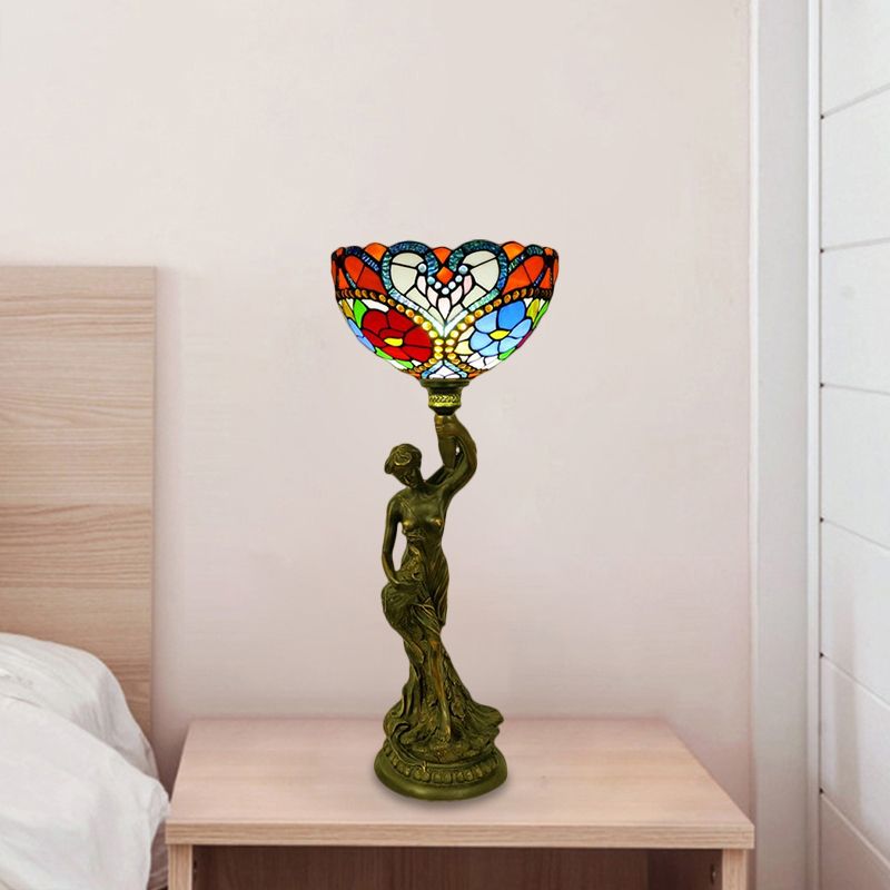Bowl Table Lighting 1 Head Stained Glass Baroque Petal/Dragonfly Patterned Night Lamp in Brass with Resin Naked Woman Base