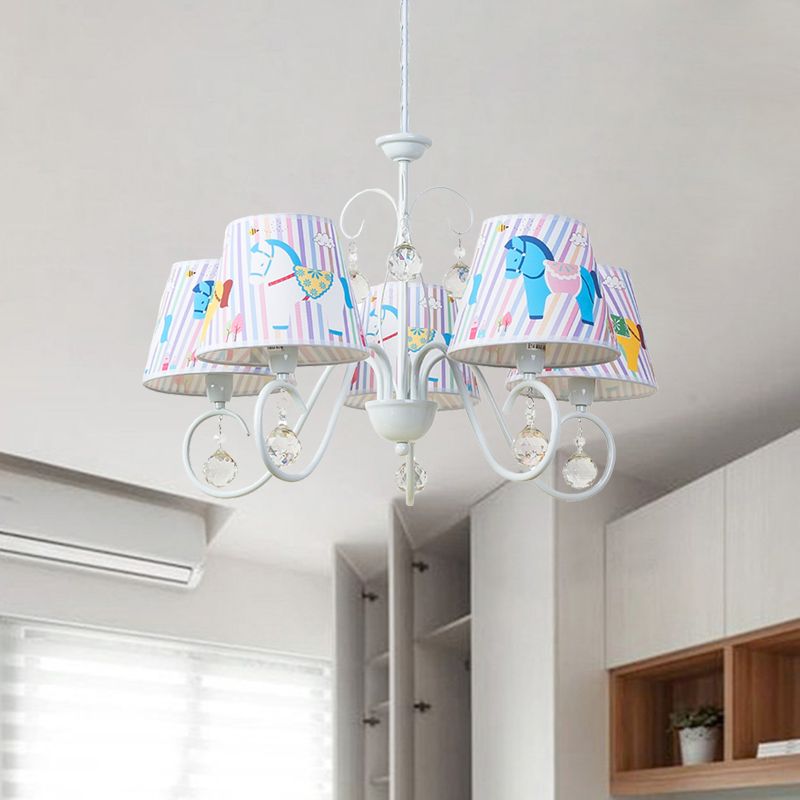 Fabric Tapered Ceiling Pendant Cartoon 5 Lights White Hanging Chandelier with Horse Pattern and Crystal Orb
