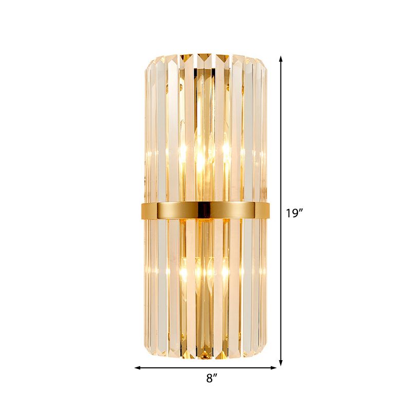 Clear Faceted Crystal Wall Lamp Vintage Stylish 2 Lights Brass/Gold Sconce Lighting with Cylinder Shape for Living Room