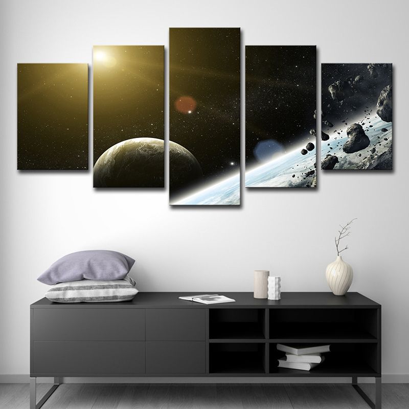 Black Sci-Fi Wall Art Sun Shines on Meteorite and the Earth Canvas Print for Home