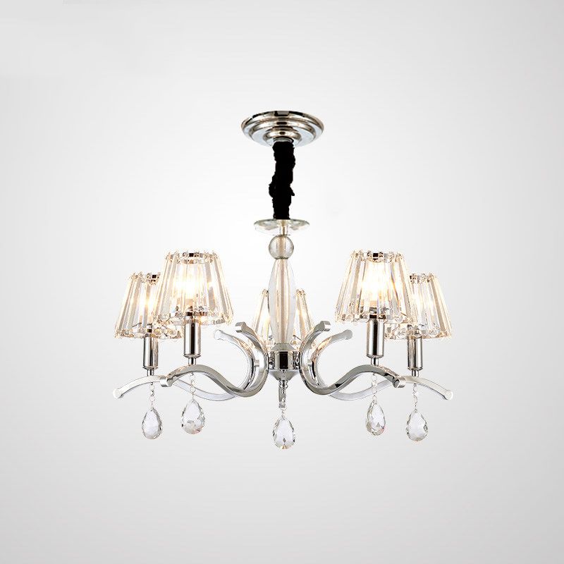 Silver 5/6 Bulbs Hanging Chandelier Modernist Crystal Tapered Suspension Pendant Lamp