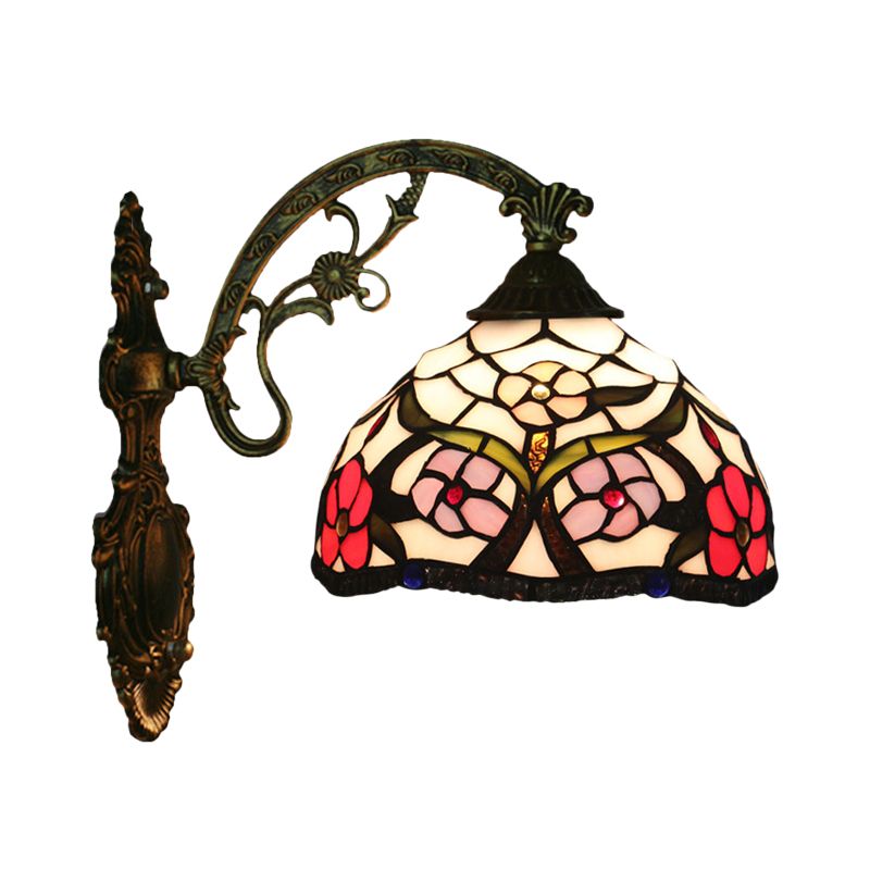 Bronze 1-Light Wall Lighting Fixture Tiffany Cut Glass Peony Pattern Bowl Wall Mount Light