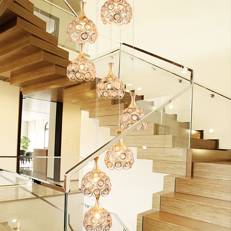 Dome Stair Cluster Pendant Lamp Minimalist Crystal 8 Lights Gold Suspension Light Fixture