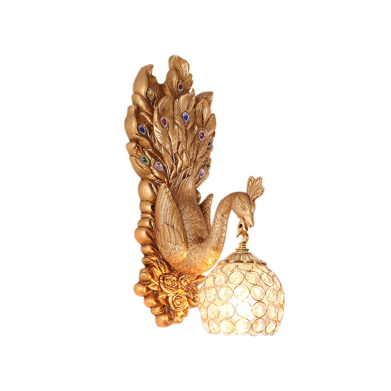 Dome Crystal Wall Mounted Light Antique 1 Light Bedroom Sconce Lamp with Blue/Gold/White Peacock Backplate