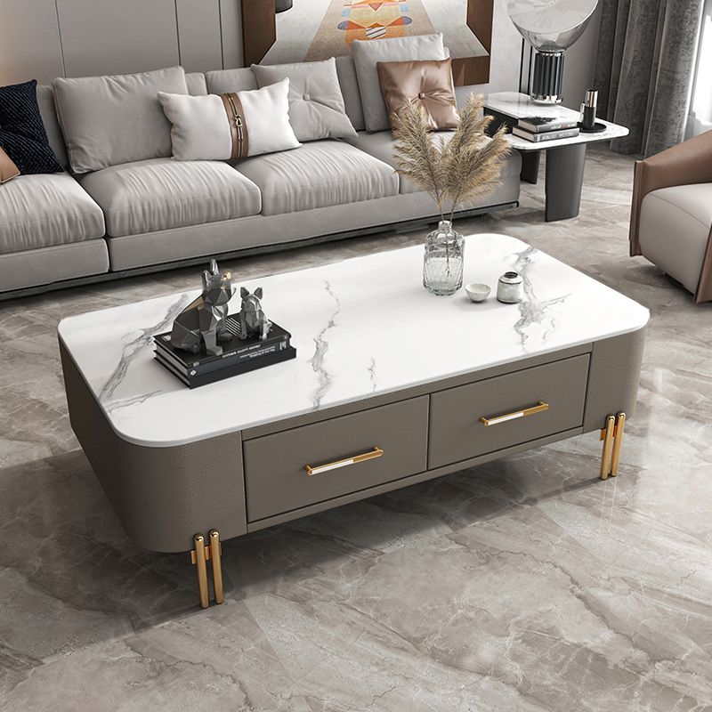 Slate Rectangular Coffee Table 4 Legs Single Coffee Table with 2 Drawers
