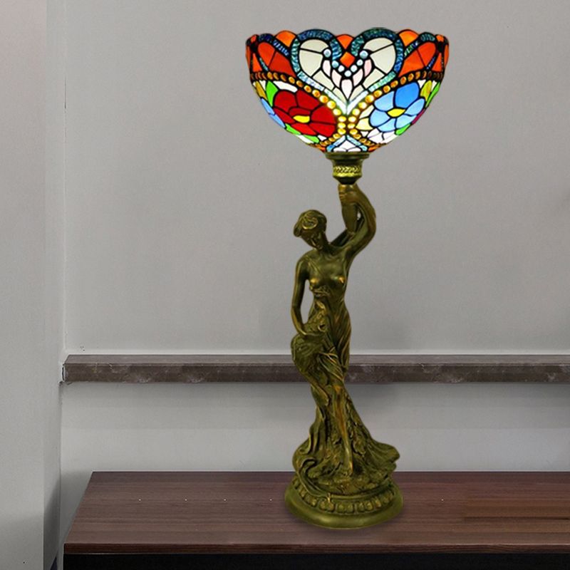 Bowl Table Lighting 1 Head Stained Glass Baroque Petal/Dragonfly Patterned Night Lamp in Brass with Resin Naked Woman Base
