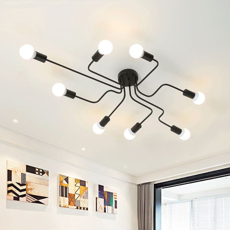Loft Industrial Exposed Semi Flush Light Fixture 4/6-Head Metallic Ceiling Light Fixture in Black/White for Living Room