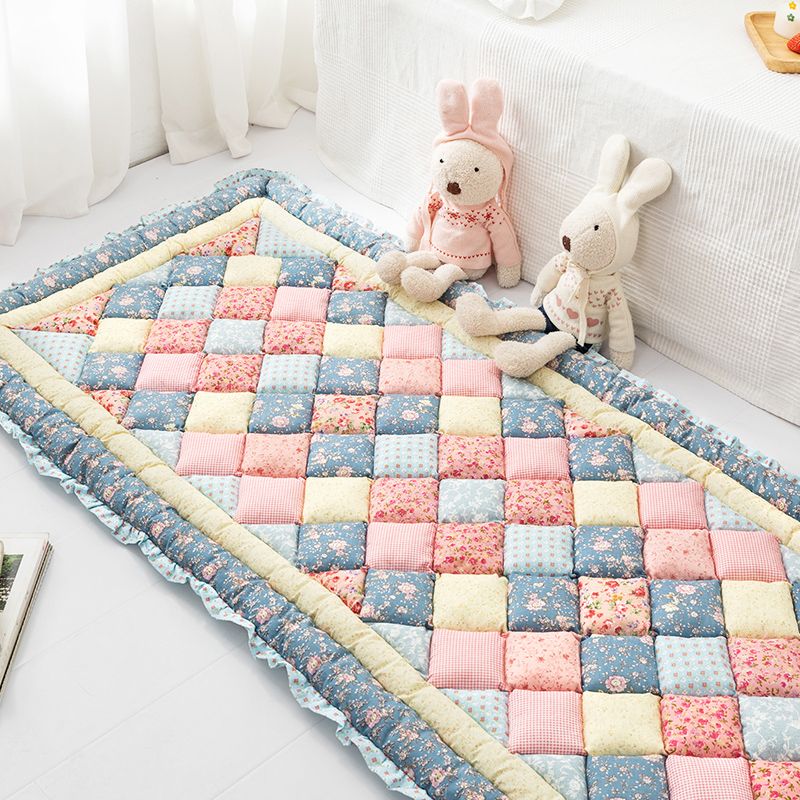 Simple Living Room Rug Multi Colored Plaid Printed Area Carpet Cotton Anti-Slip Pet Friendly Indoor Rug