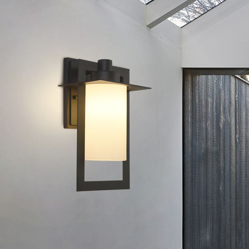 Countryside Cylinder Wall Light Single Bulb White Glass Wall Sconce in Black with Rectangle Frame