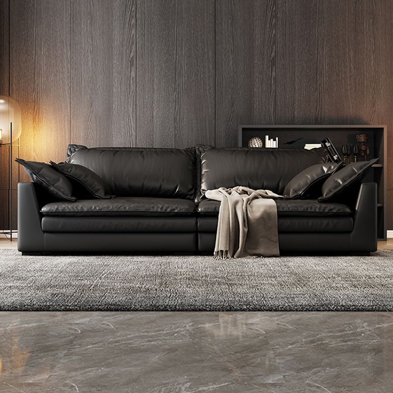 Black Stain Resistant Contemporary Faux Leather Square Arm Sofa with Bolster Pillows