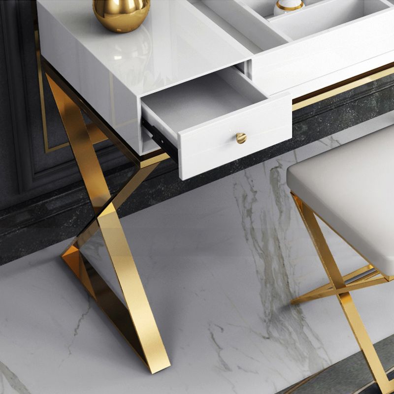 Contemporary White With Stool Mirror Bedroom Metallic Make-up Vanity