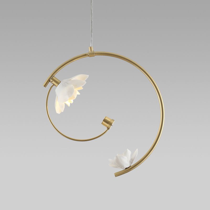 Ceramic Flower Pendant Lamp Modern Single White Hanging Ceiling Light with Gold Scroll Stem