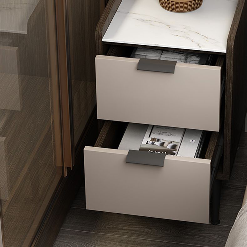Espresso Wood and Off-White Night Table Modern Stone and Pearl Wood Bedside Cabinet
