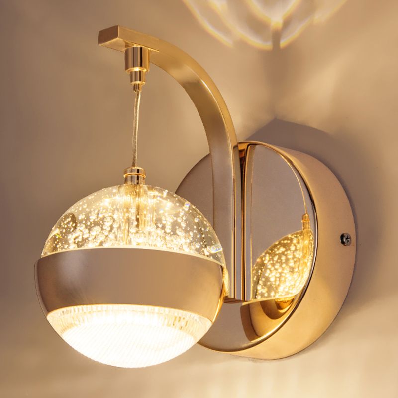 Bedroom Sconce Light Fixture Modern Style Gold LED Wall Lighting Fixture with Round Crystal Shade