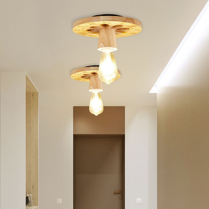Single Beige Finish Flush Mount Lighting Nodic Wooden Shaded Ceiling Light