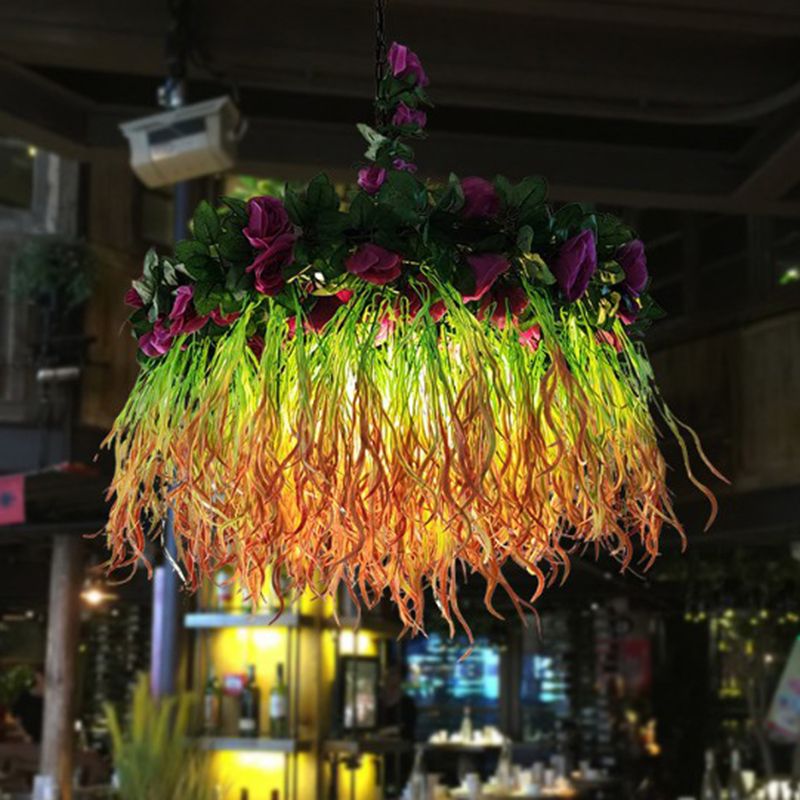 Artificial Plant Restaurant Hanging Light Fixture Rustic Metal Ceiling Pendant Light