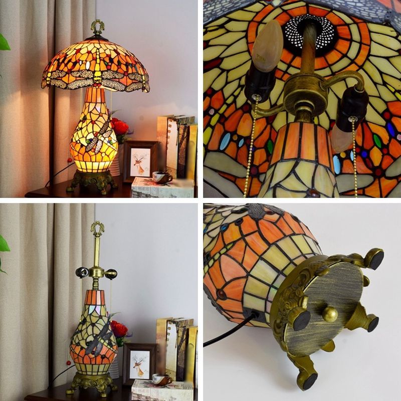 3 Bulbs Mushroom Shaped Nightstand Lamp Vintage Orange Stained Glass Table Light with Dragonfly Pattern