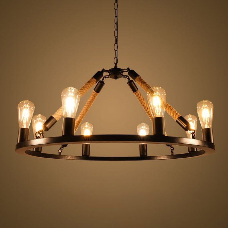 Industrial Art Rope Hanging Chandelier Light Circular Black Metal Exposed Bulb Drop Lamp