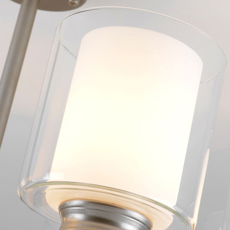 Double-layer Glass Shade Chandelier Lighting Fixture Traditional Style Cylindrical Pendant Hanging Light in Champagne Silver