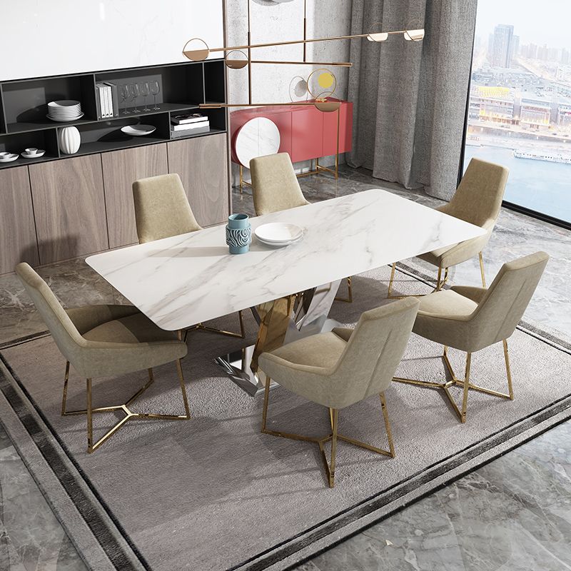 Luxury Sintered Stone Top Table Rectangle Table with Pedestal in Gold and Silver