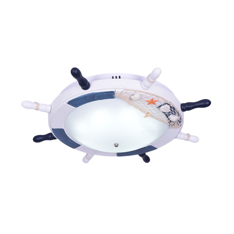 Blue Rudder Flush Ceiling Light Mediterranean LED Wooden Flush Mount with Bowl Glass Shade for Baby Room