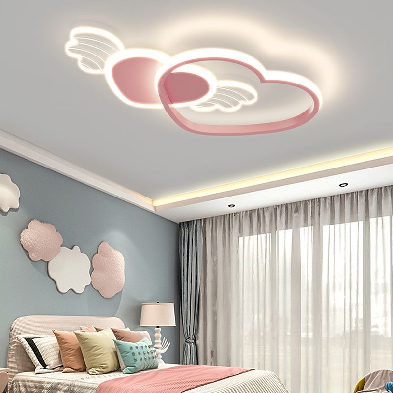 Metal Heart Shape Flush Ceiling Light Modern Style 4 Lights Flush Mount Lighting in Pink