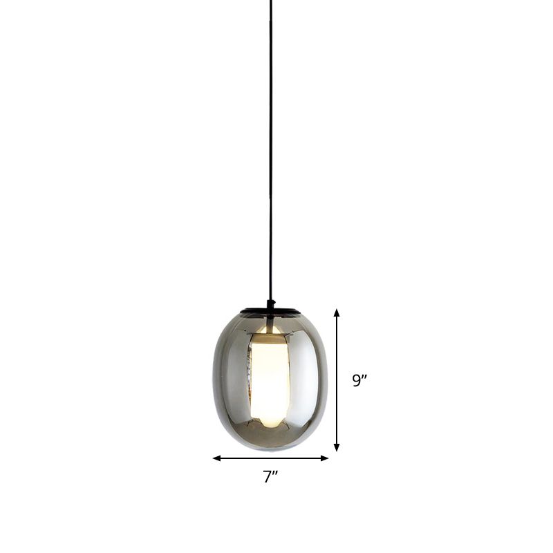 Oval Bedroom Hanging Lamp Kit Black Glass 1 Head 7"/8.5" Wide Simple Style Pendant Light